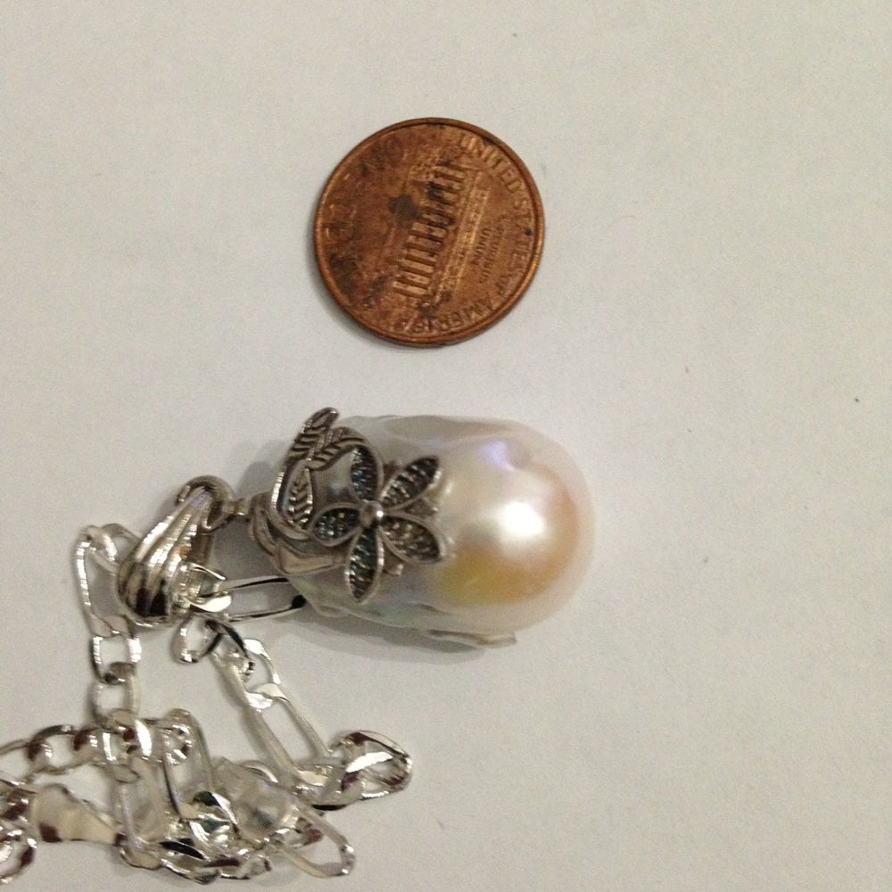 Genuine 1.25in Baroque Pearl With 18in 925 Chain