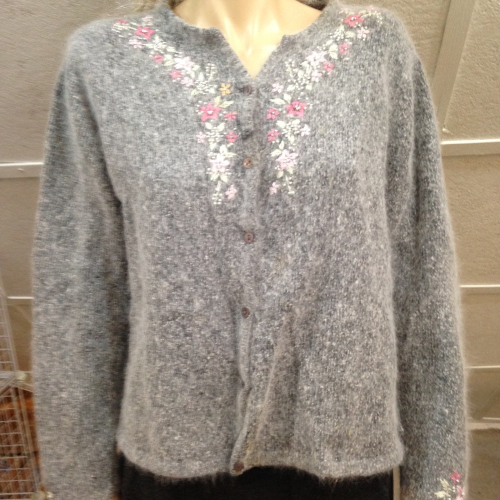 Dressbarn, Gray Floral Silk-Angora Cardigan (L)