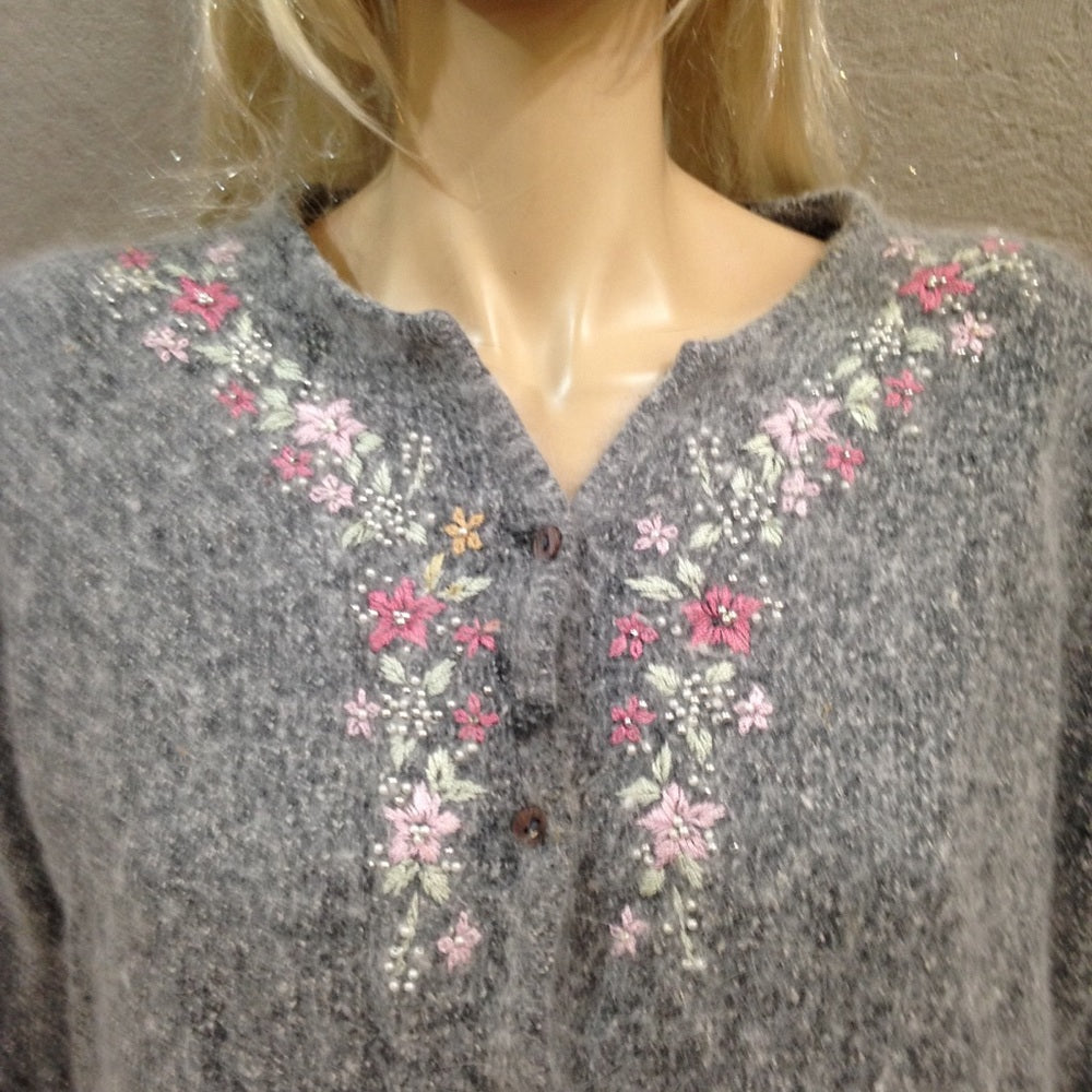 Dressbarn, Gray Floral Silk-Angora Cardigan (L)