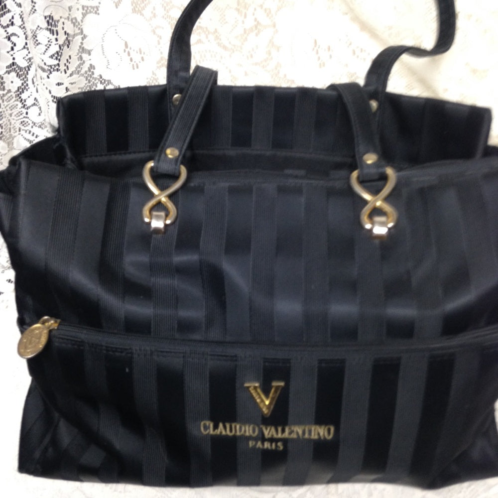 Valentino Black-Gray Stripes Tote Shoulder Bag