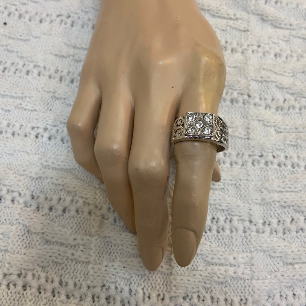 Vintage Silver Unisex-Men's Ring with Rhinestones