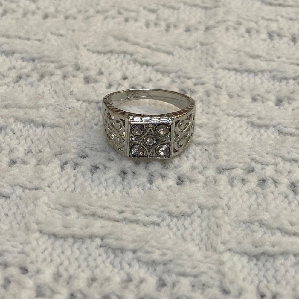 Vintage Silver Unisex-Men's Ring with Rhinestones