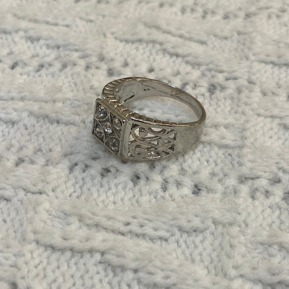Vintage Silver Unisex-Men's Ring with Rhinestones