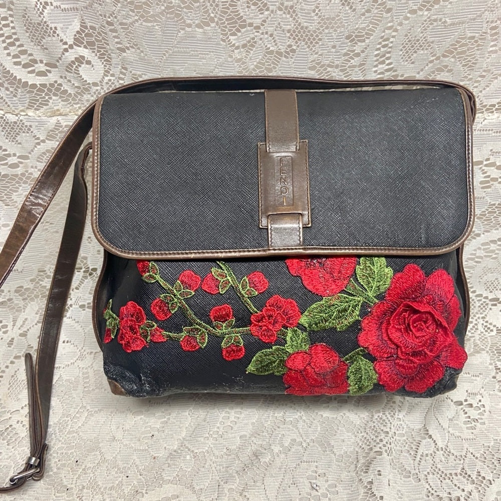 Vintage Fendi Black Canvas-Brown Leather Trim 10inx9inx4.5in