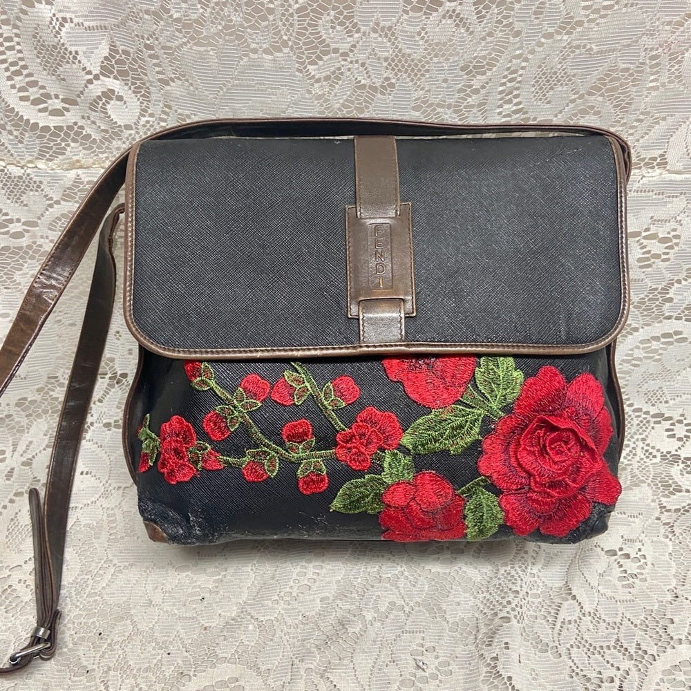Vintage Fendi Black Canvas-Brown Leather Trim 10inx9inx4.5in