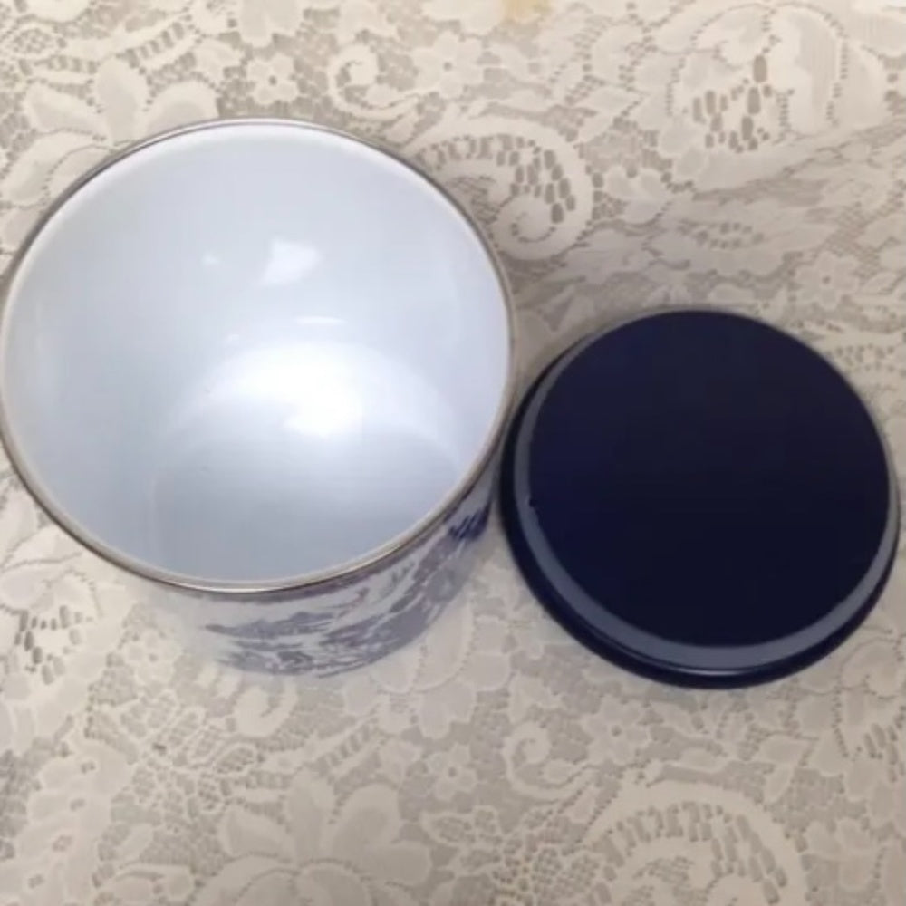 Vintage, Rare, 2pc Blue Willow Enamelware Canister Set 7in T and 6in T