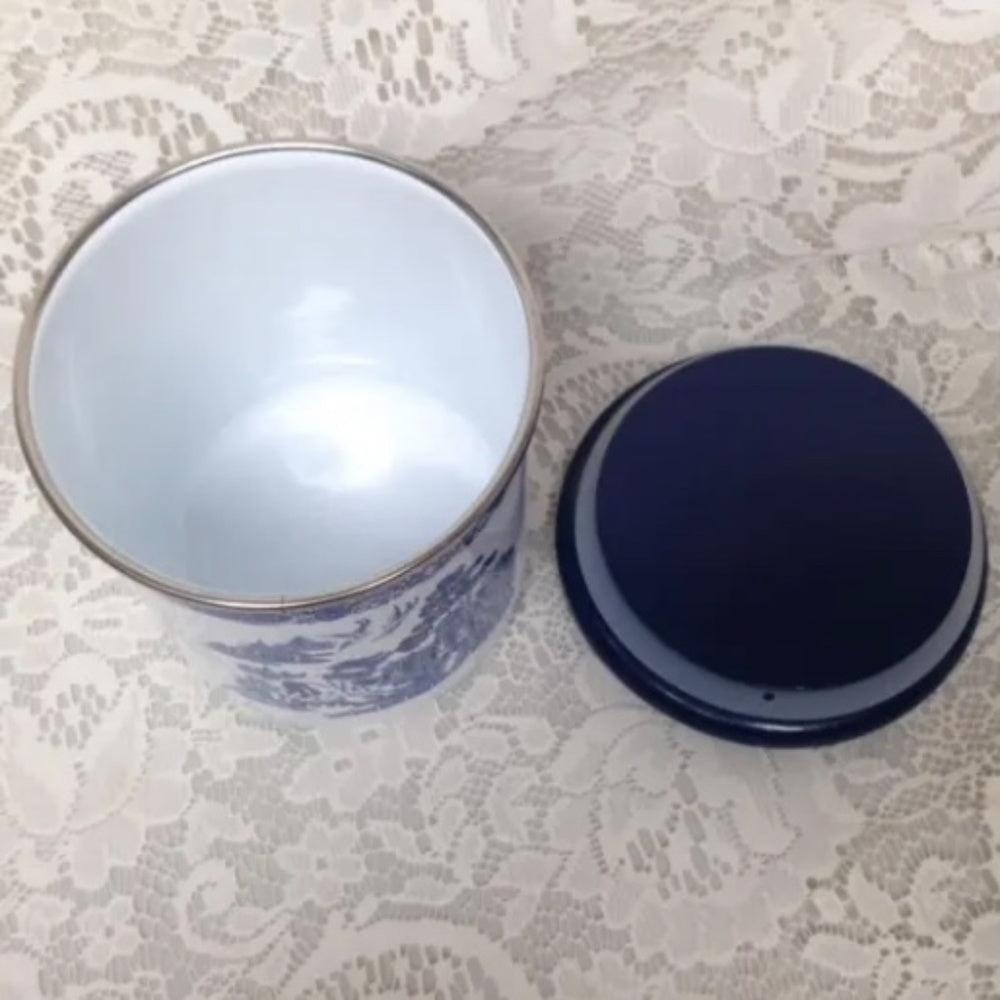 Vintage, Rare, 2pc Blue Willow Enamelware Canister Set 7in T and 6in T