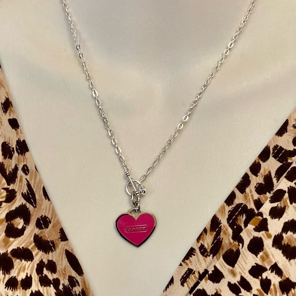 Coach, Shocking Pink Heart Enamel Silver Tone Pendant Necklace