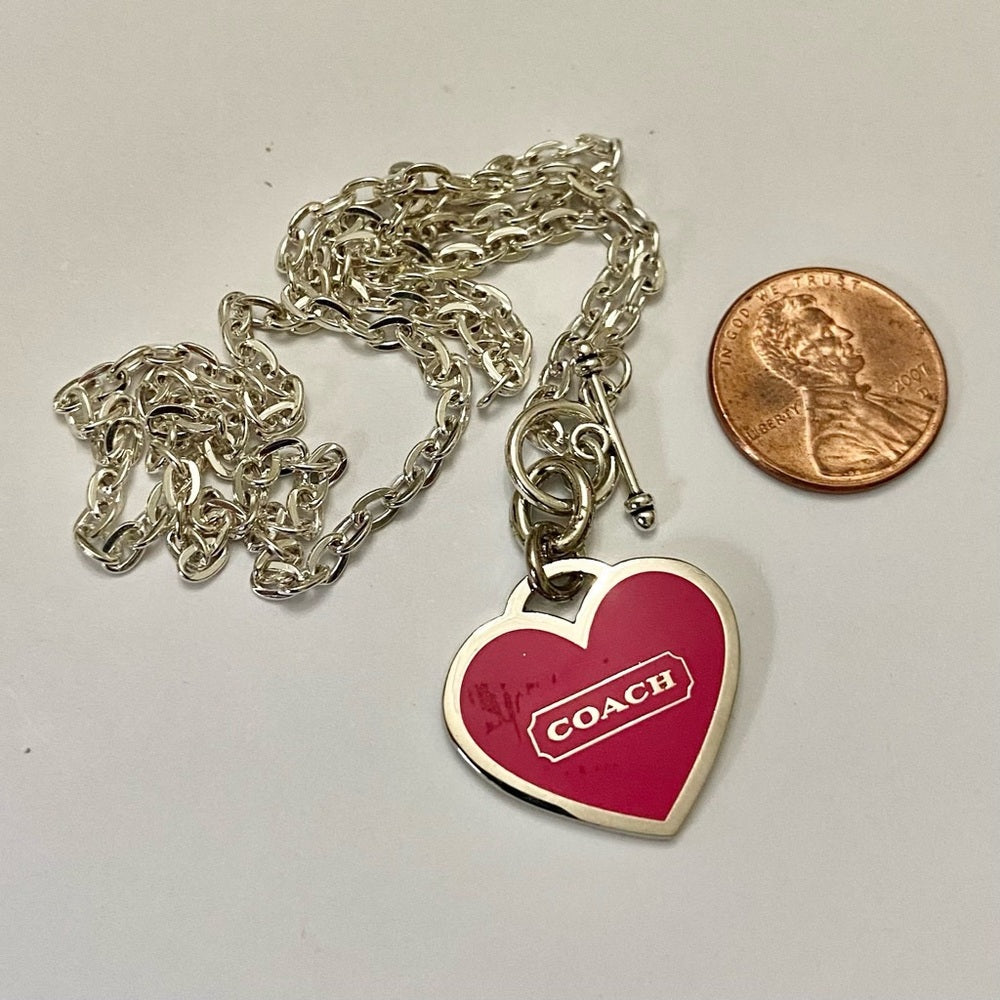 Coach, Shocking Pink Heart Enamel Silver Tone Pendant Necklace