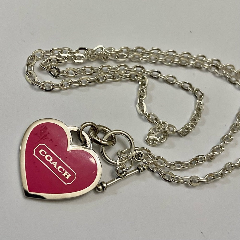 Coach, Shocking Pink Heart Enamel Silver Tone Pendant Necklace