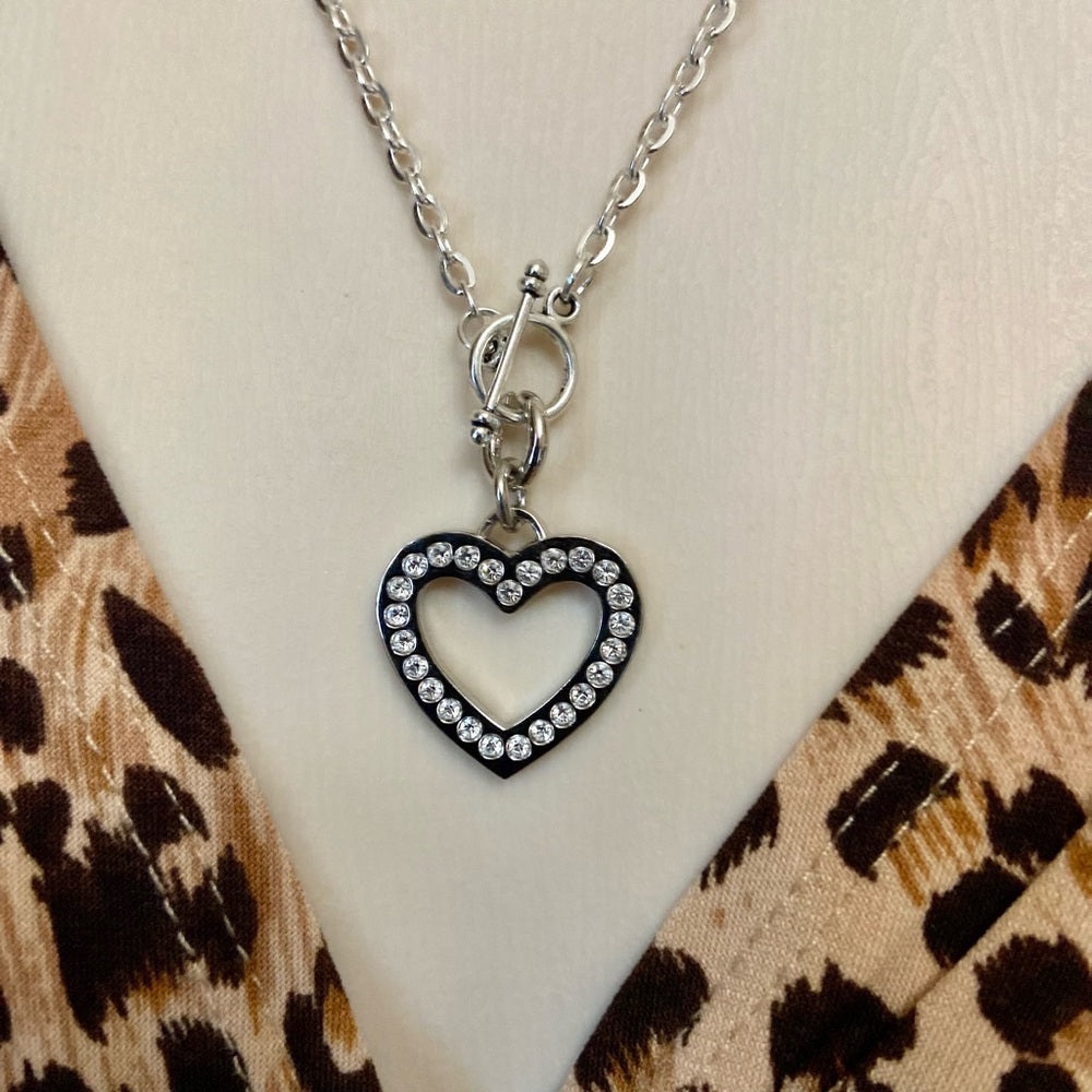 Coach, Heart Paved Rhinestones Silver Tone Pendant Necklace