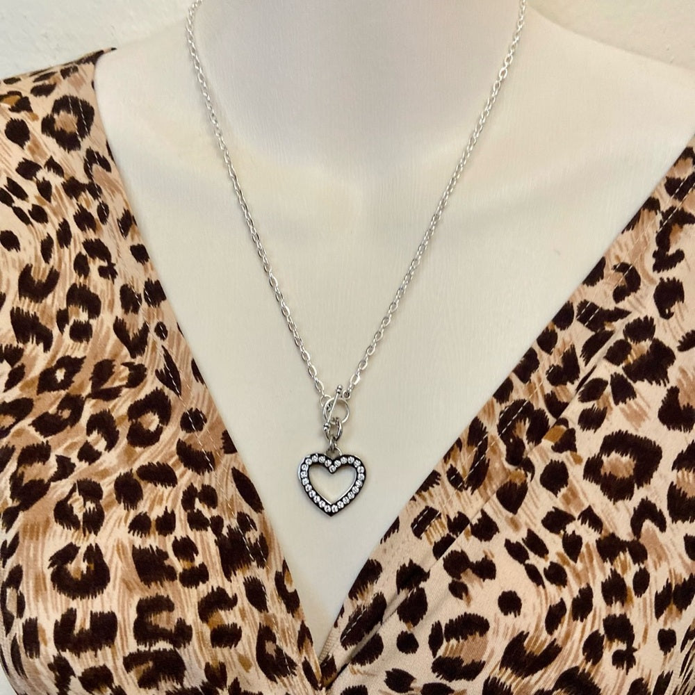 Coach, Heart Paved Rhinestones Silver Tone Pendant Necklace
