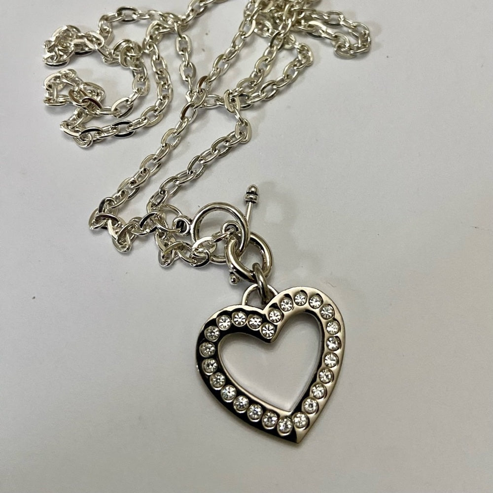 Coach, Heart Paved Rhinestones Silver Tone Pendant Necklace