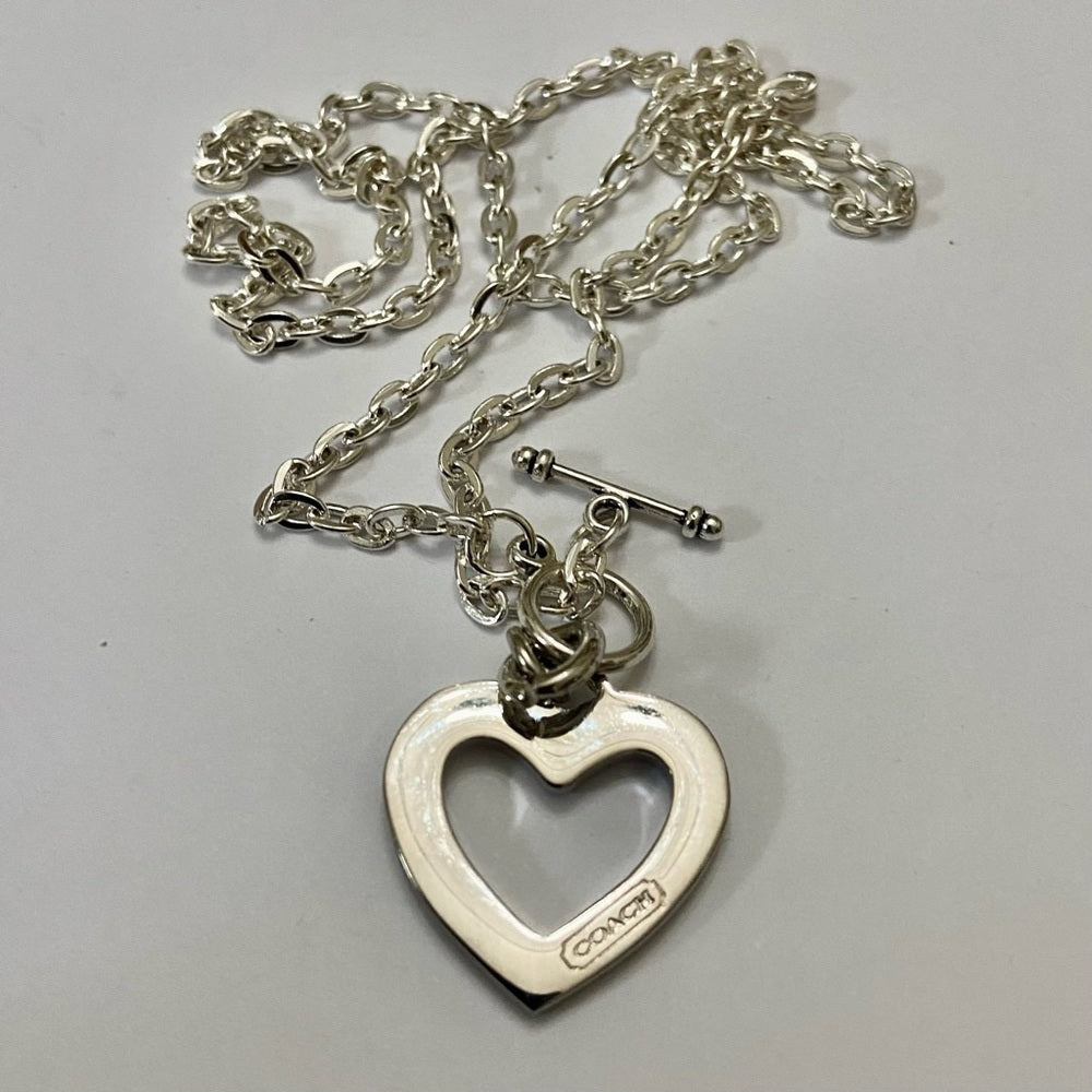 Coach, Heart Paved Rhinestones Silver Tone Pendant Necklace