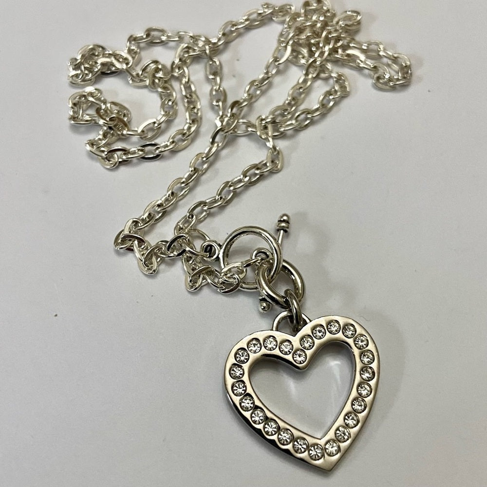 Coach, Heart Paved Rhinestones Silver Tone Pendant Necklace