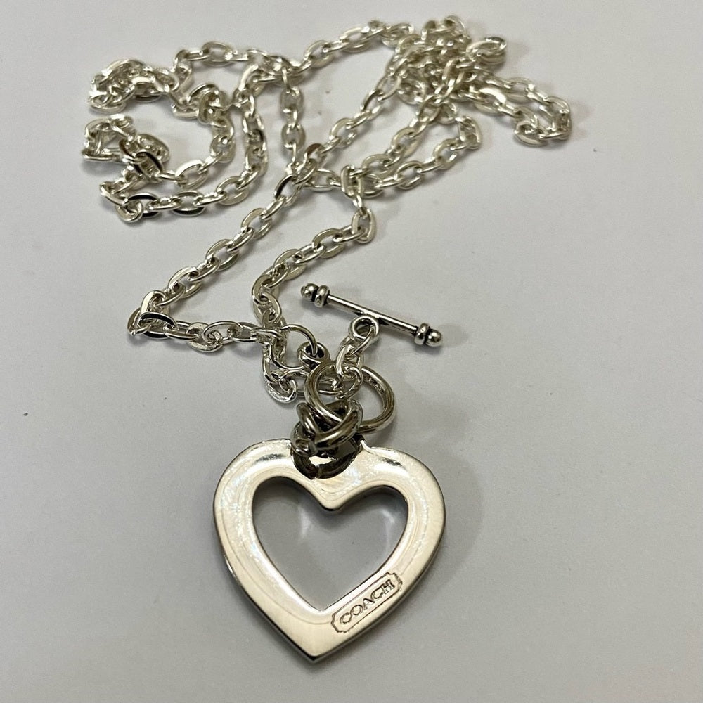 Coach, Heart Paved Rhinestones Silver Tone Pendant Necklace