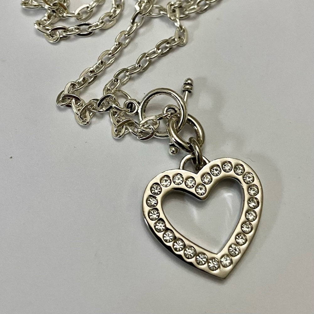 Coach, Heart Paved Rhinestones Silver Tone Pendant Necklace