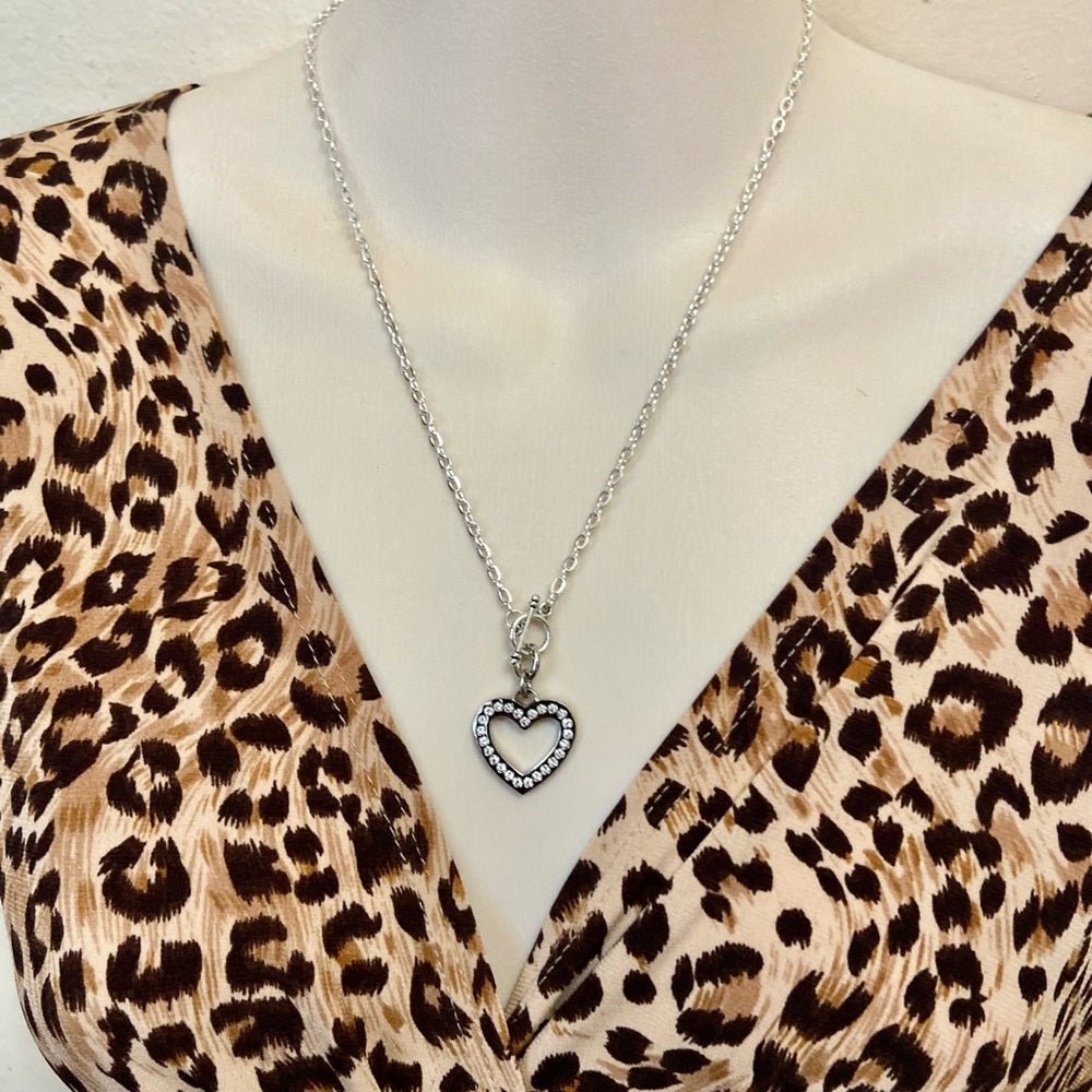 Coach, Heart Paved Rhinestones Silver Tone Pendant Necklace
