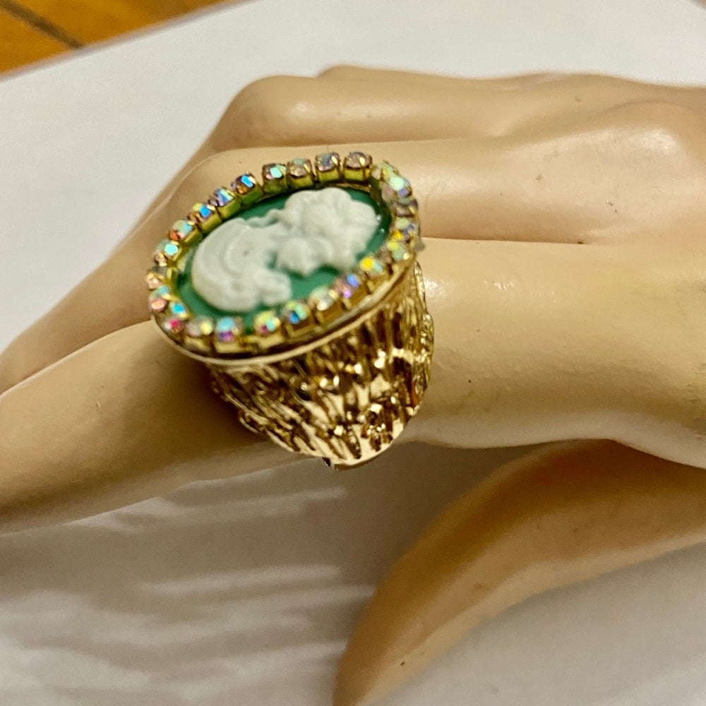 Vintage, Stamped Hobe Green Cameo Adjustable Ring with Rhinestones
