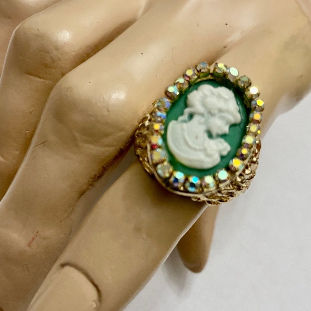 Vintage, Stamped Hobe Green Cameo Adjustable Ring with Rhinestones