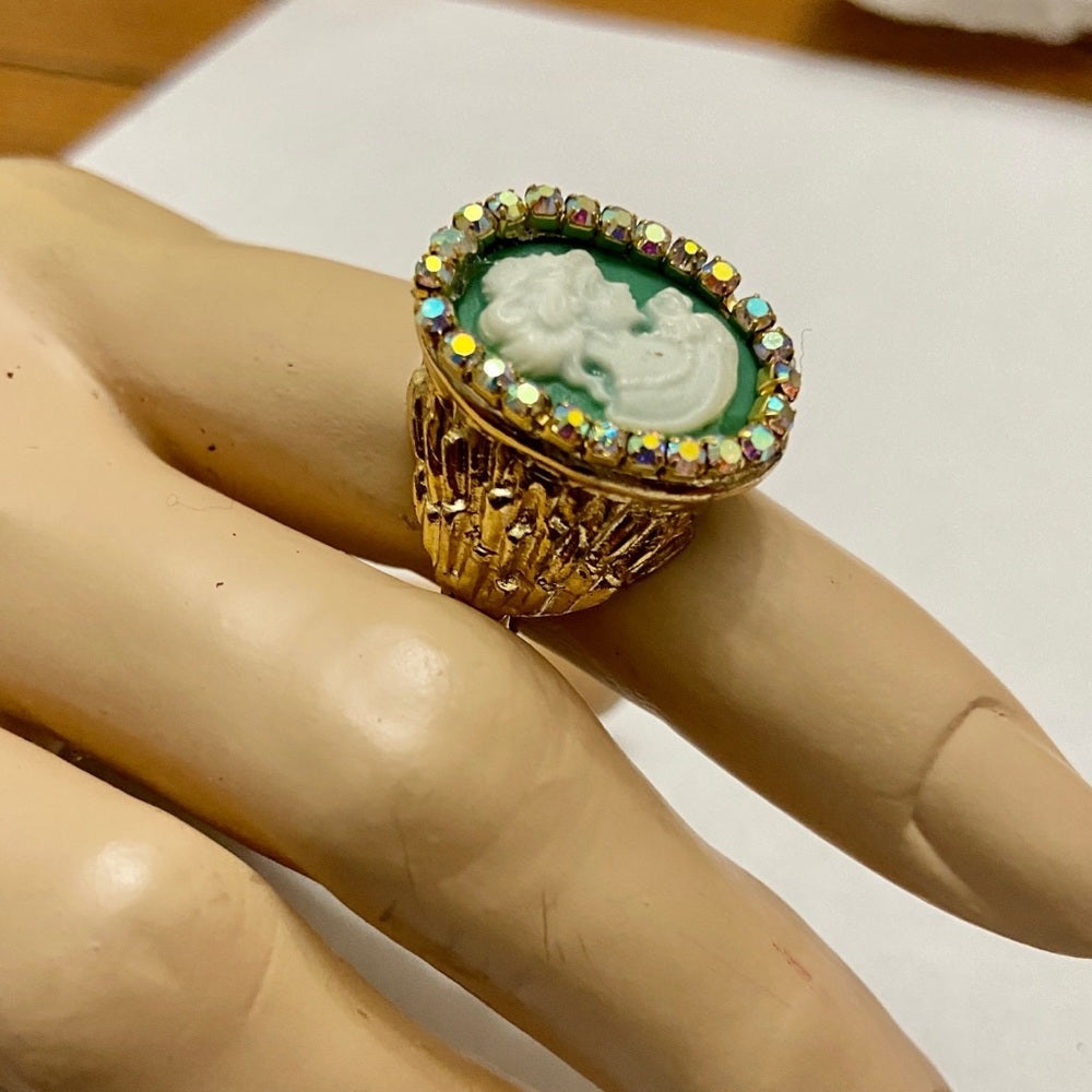 Vintage, Stamped Hobe Green Cameo Adjustable Ring with Rhinestones
