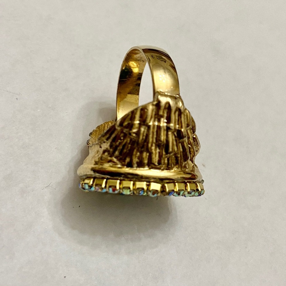 Vintage, Stamped Hobe Green Cameo Adjustable Ring with Rhinestones