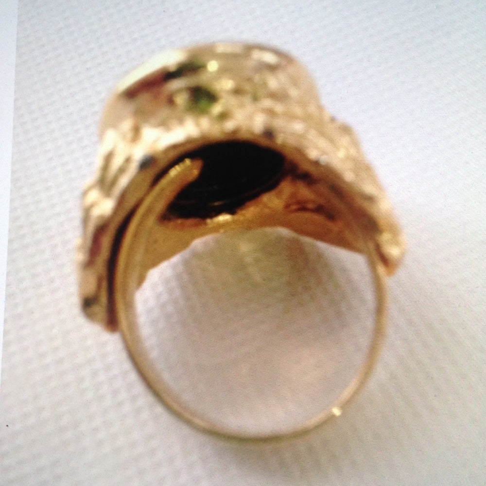 Vintage, Stamped Hobe Green Cameo Adjustable Ring with Rhinestones