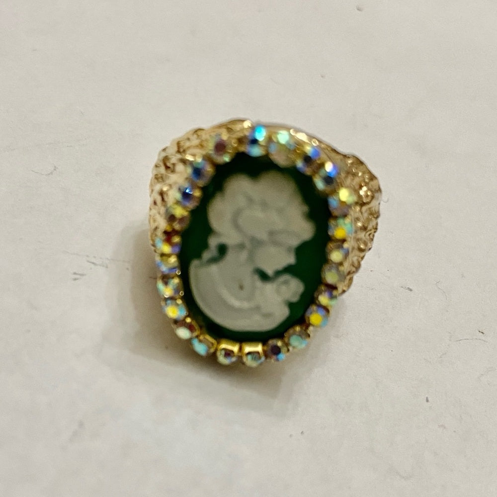 Vintage, Stamped Hobe Green Cameo Adjustable Ring with Rhinestones