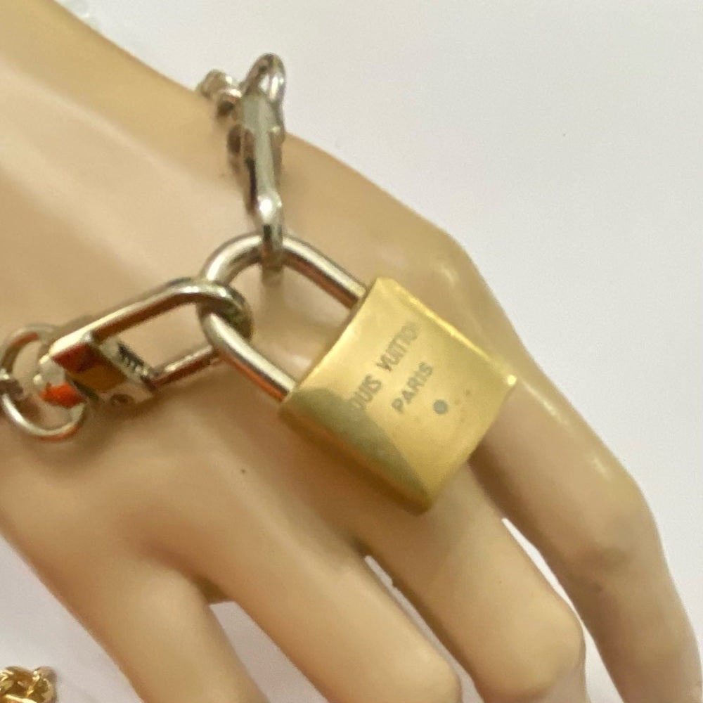 Vintage, Louis Vuitton Brass Padlock with 7-8in Silver Tone Chain Bracelet