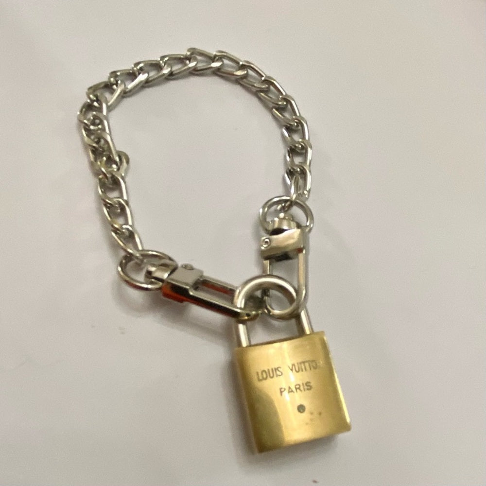 Vintage, Louis Vuitton Brass Padlock with 7-8in Silver Tone Chain Bracelet
