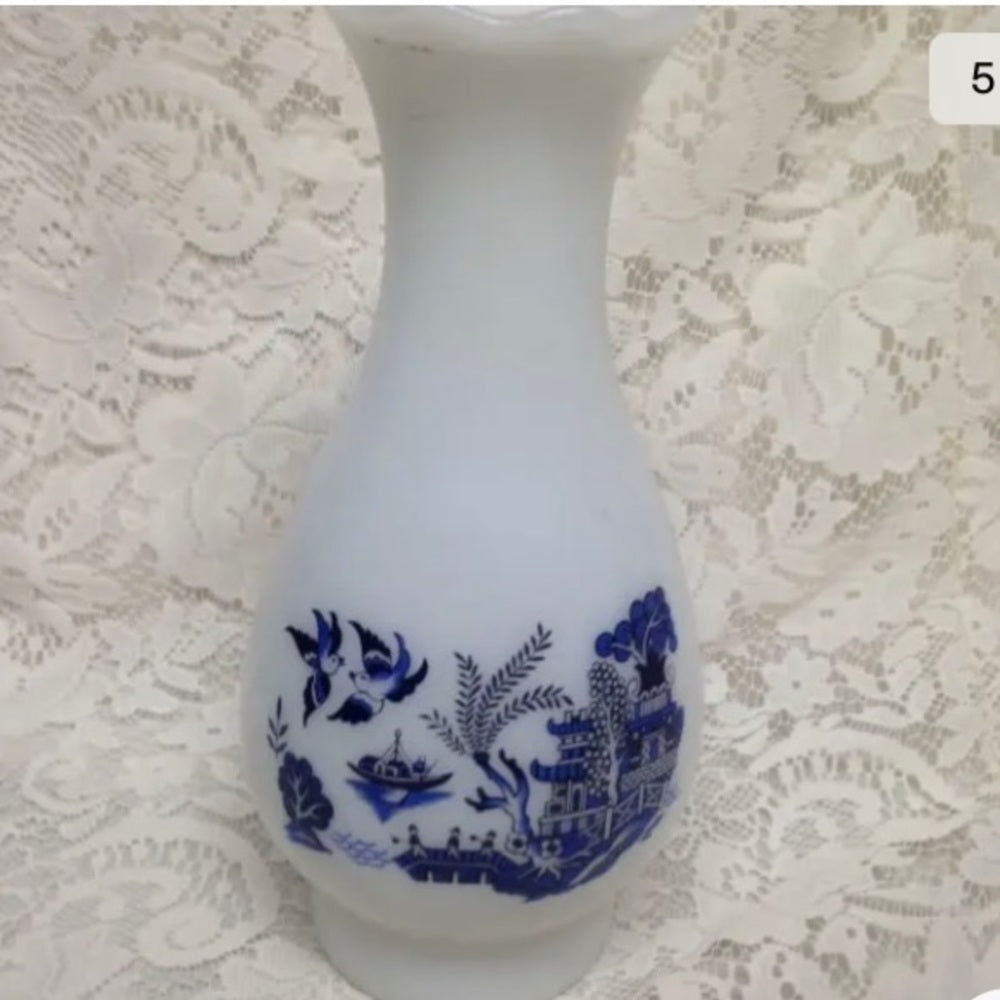 Vintage, Blue Willow Large Milk Glass Chimney 10in H x 5.5in W