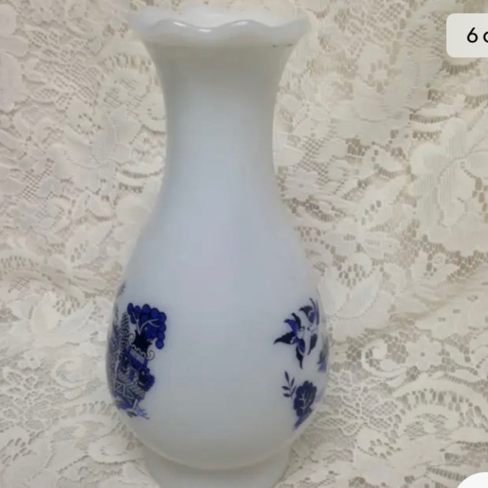 Vintage, Blue Willow Large Milk Glass Chimney 10in H x 5.5in W
