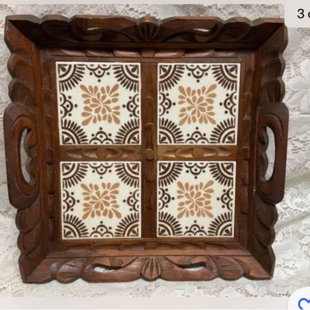 Rare, Handcrafted Heavy Tiled Serving Tray 14in L x 13in W
