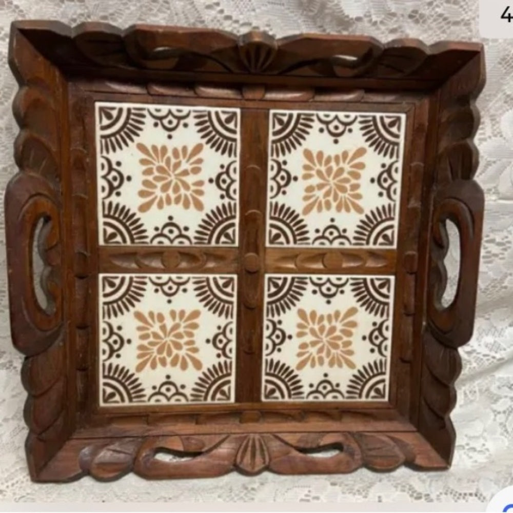 Rare, Handcrafted Heavy Tiled Serving Tray 14in L x 13in W