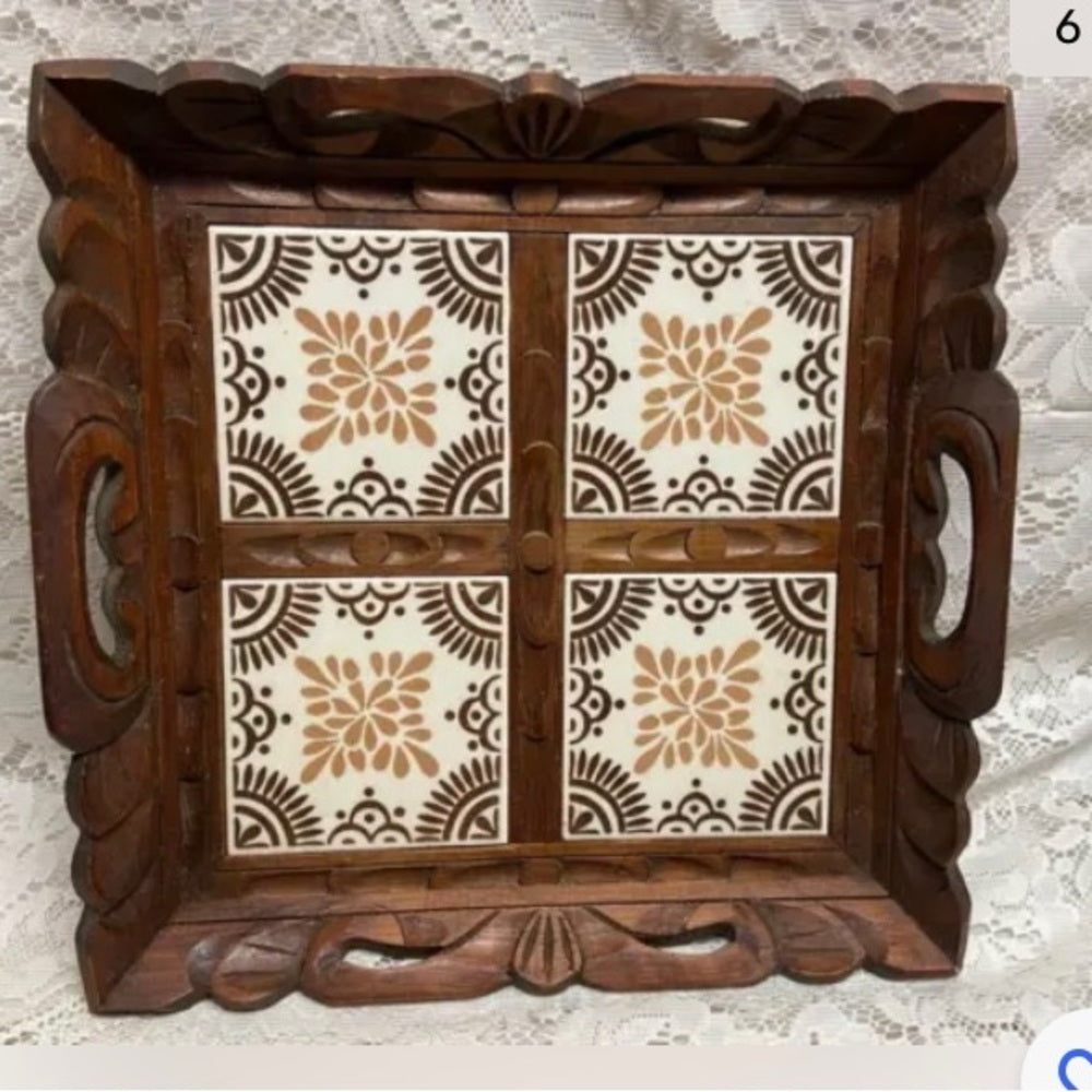 Rare, Handcrafted Heavy Tiled Serving Tray 14in L x 13in W