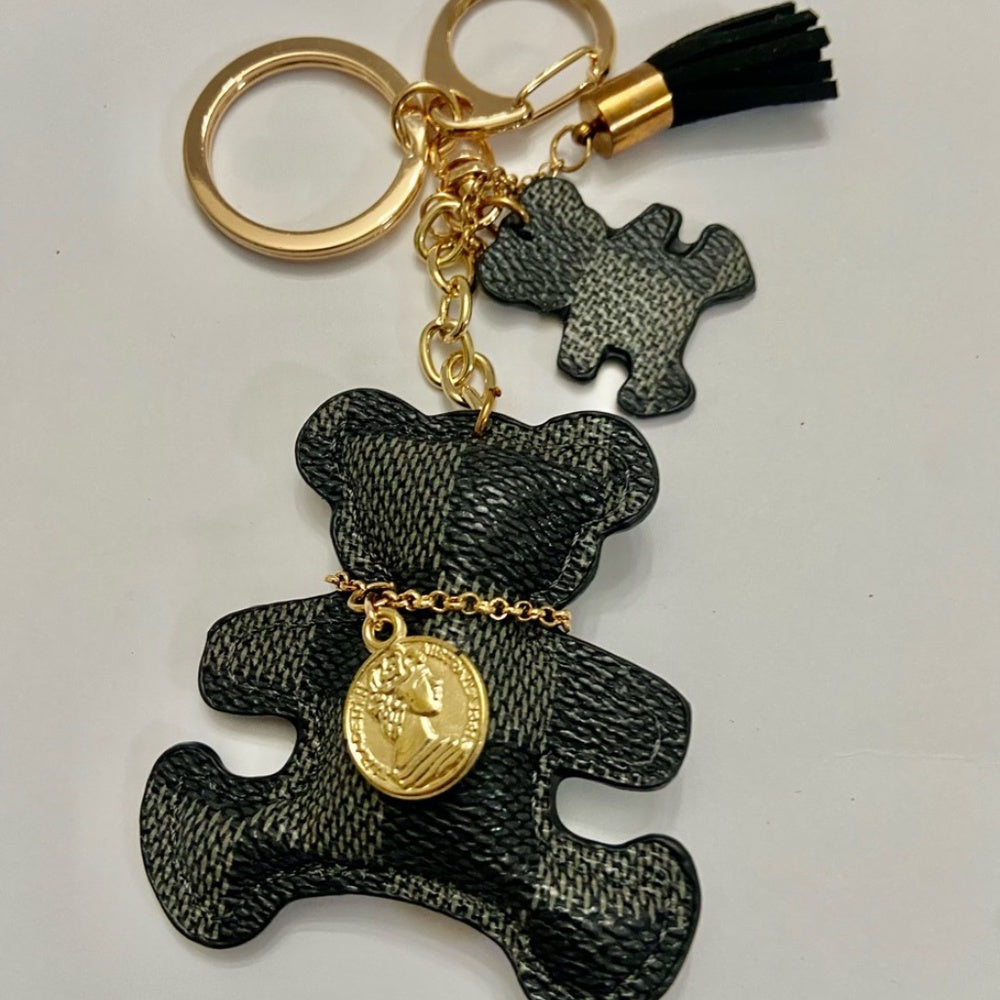 Stunning, Black and Gray Plaid Bear Handbag Charm, Key Chain
