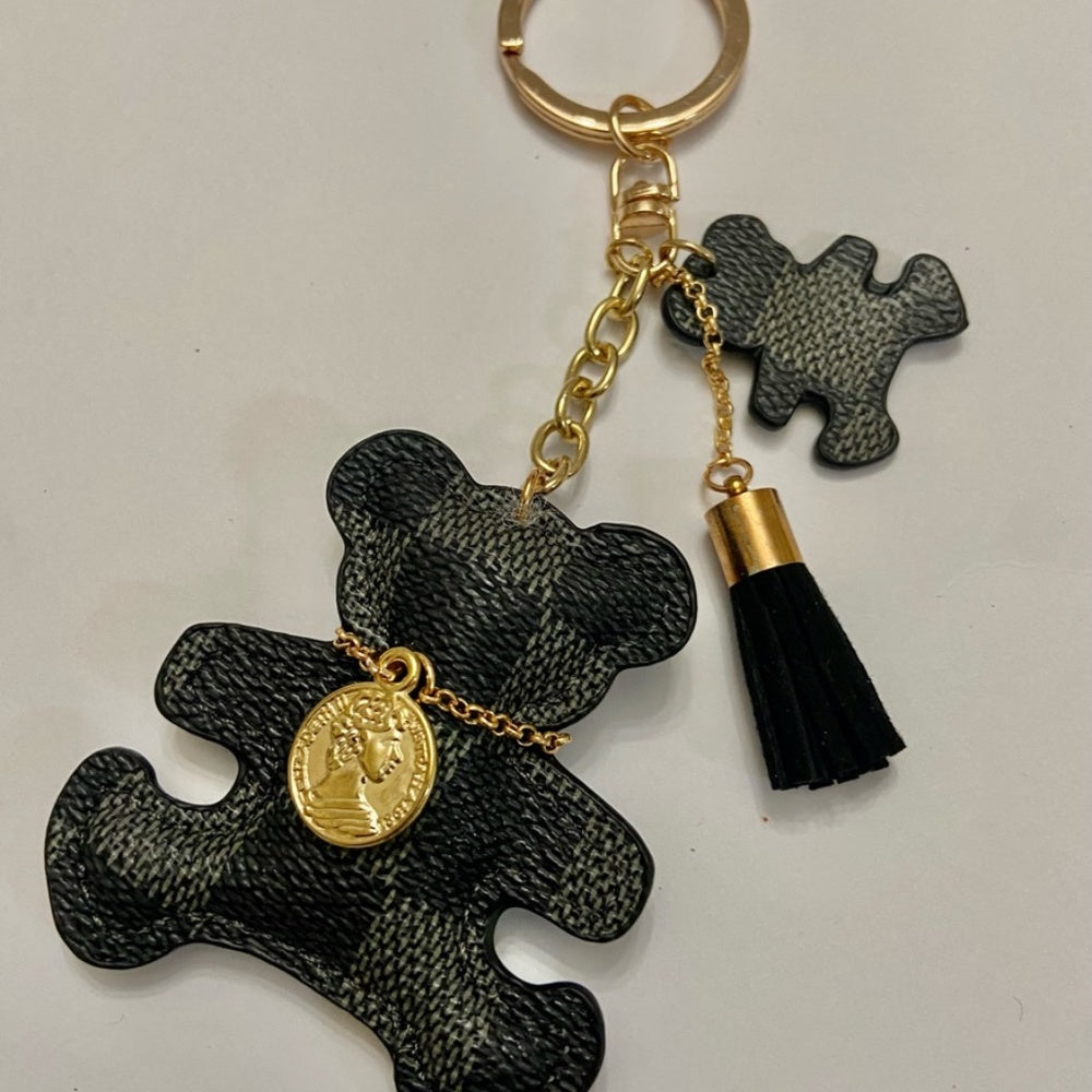 Stunning, Black and Gray Plaid Bear Handbag Charm, Key Chain