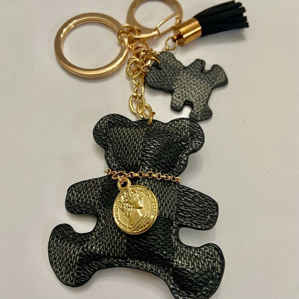 Stunning, Black and Gray Plaid Bear Handbag Charm, Key Chain