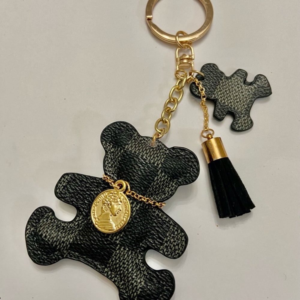 Stunning, Black and Gray Plaid Bear Handbag Charm, Key Chain