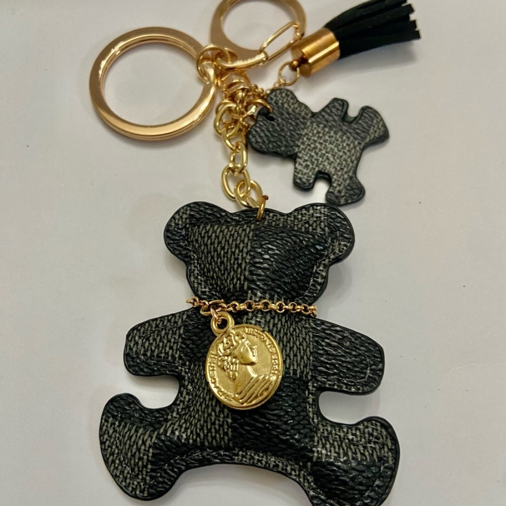 Stunning, Black and Gray Plaid Bear Handbag Charm, Key Chain