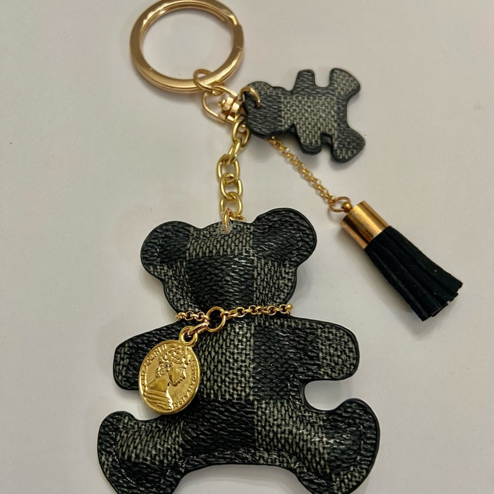 Stunning, Black and Gray Plaid Bear Handbag Charm, Key Chain