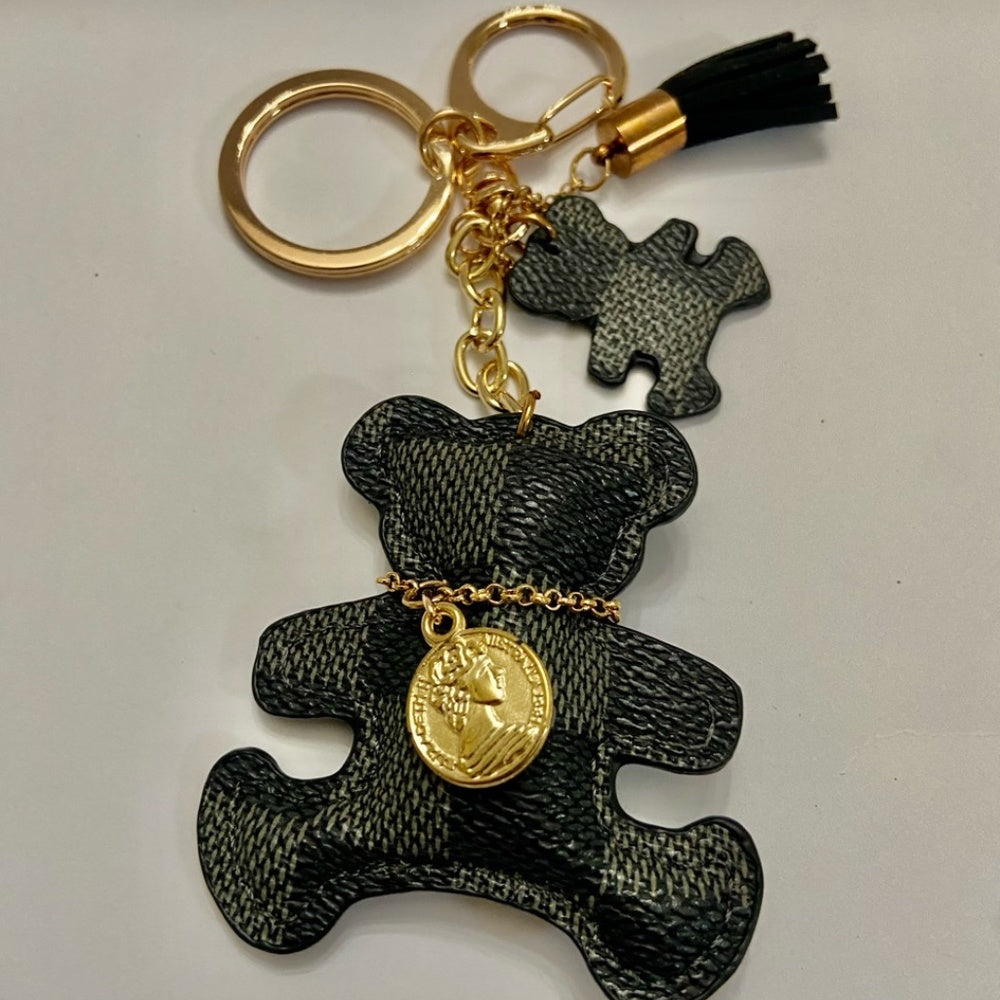 Stunning, Black and Gray Plaid Bear Handbag Charm, Key Chain