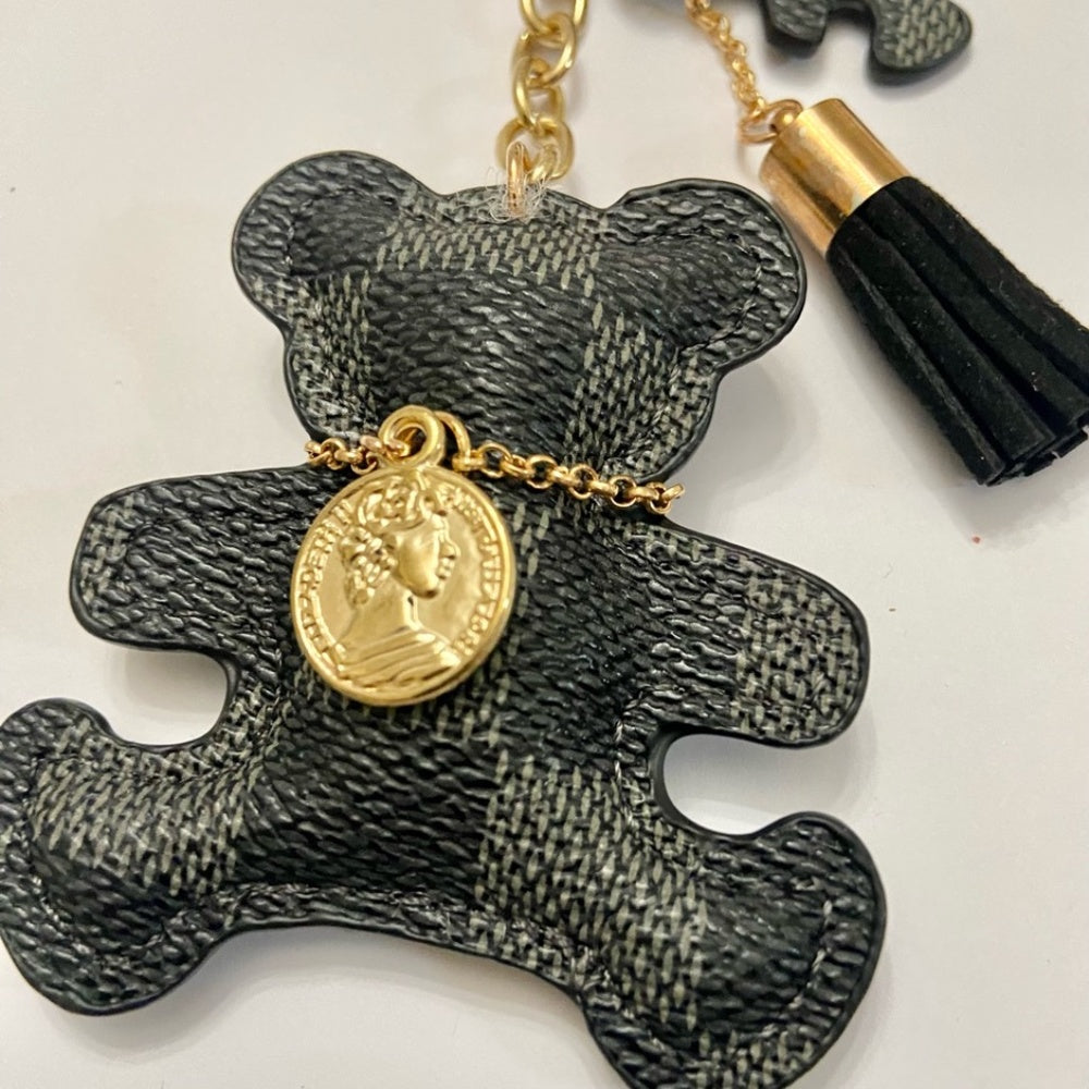 Stunning, Black and Gray Plaid Bear Handbag Charm, Key Chain