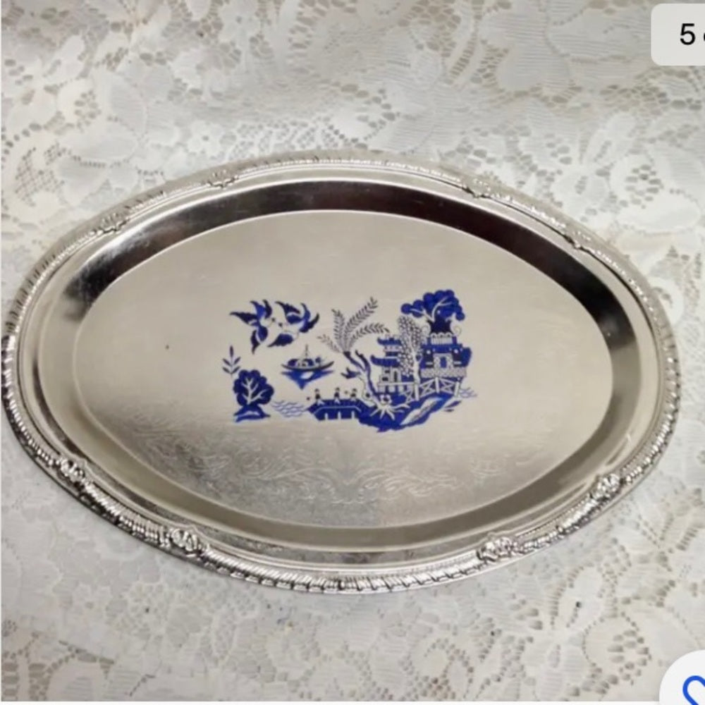 Vintage Blue Willow Silver Plated Serving Tray- 12in x 8.5in