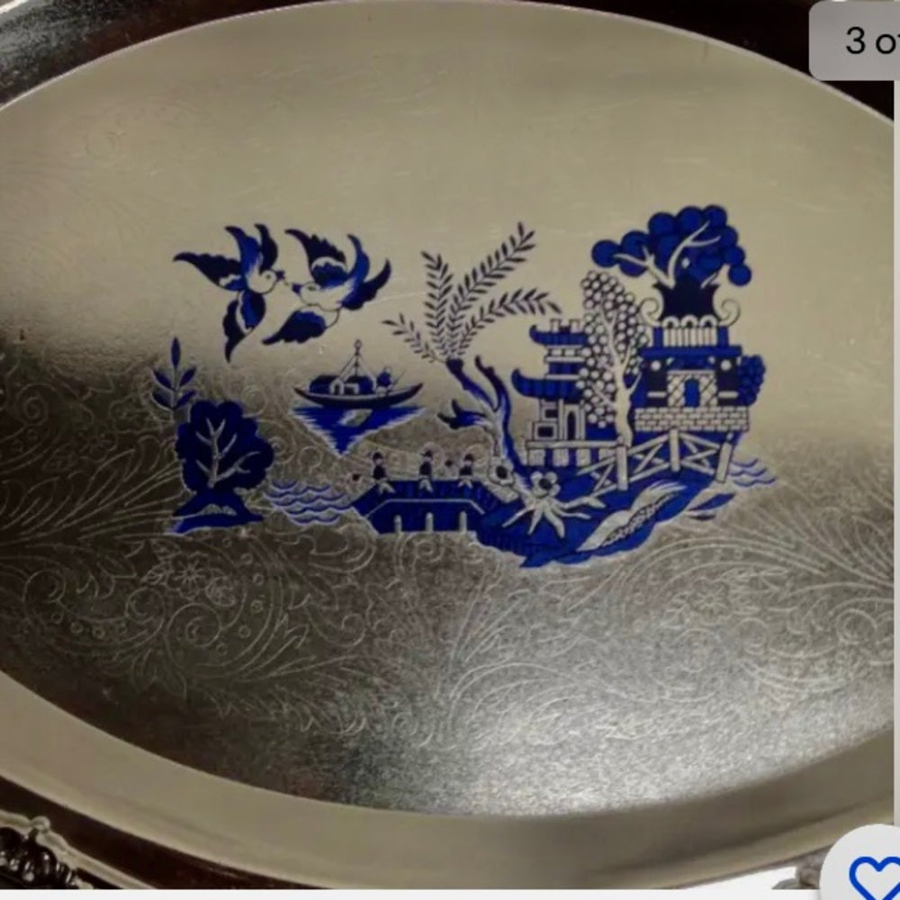 Vintage Blue Willow Silver Plated Serving Tray- 12in x 8.5in