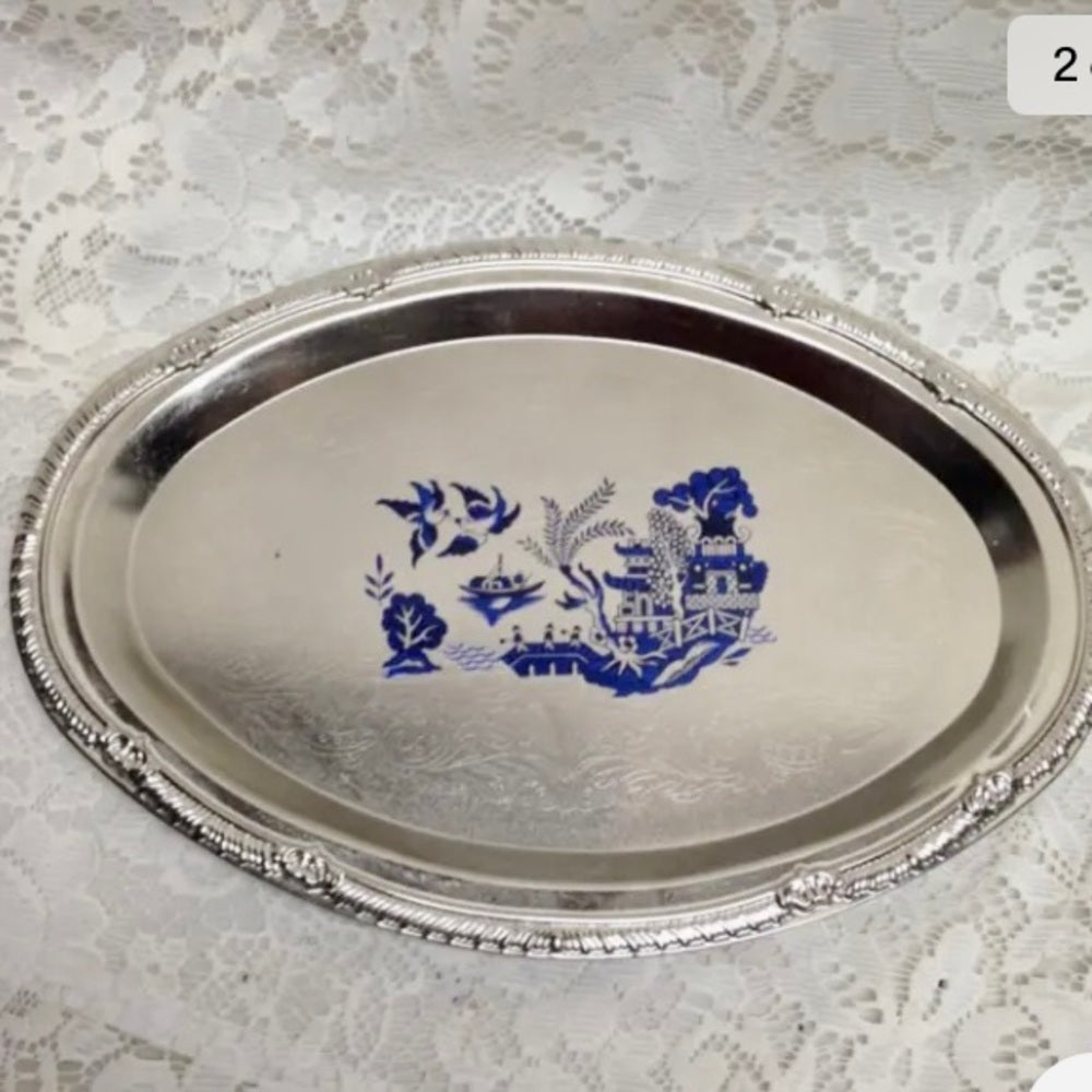 Vintage Blue Willow Silver Plated Serving Tray- 12in x 8.5in