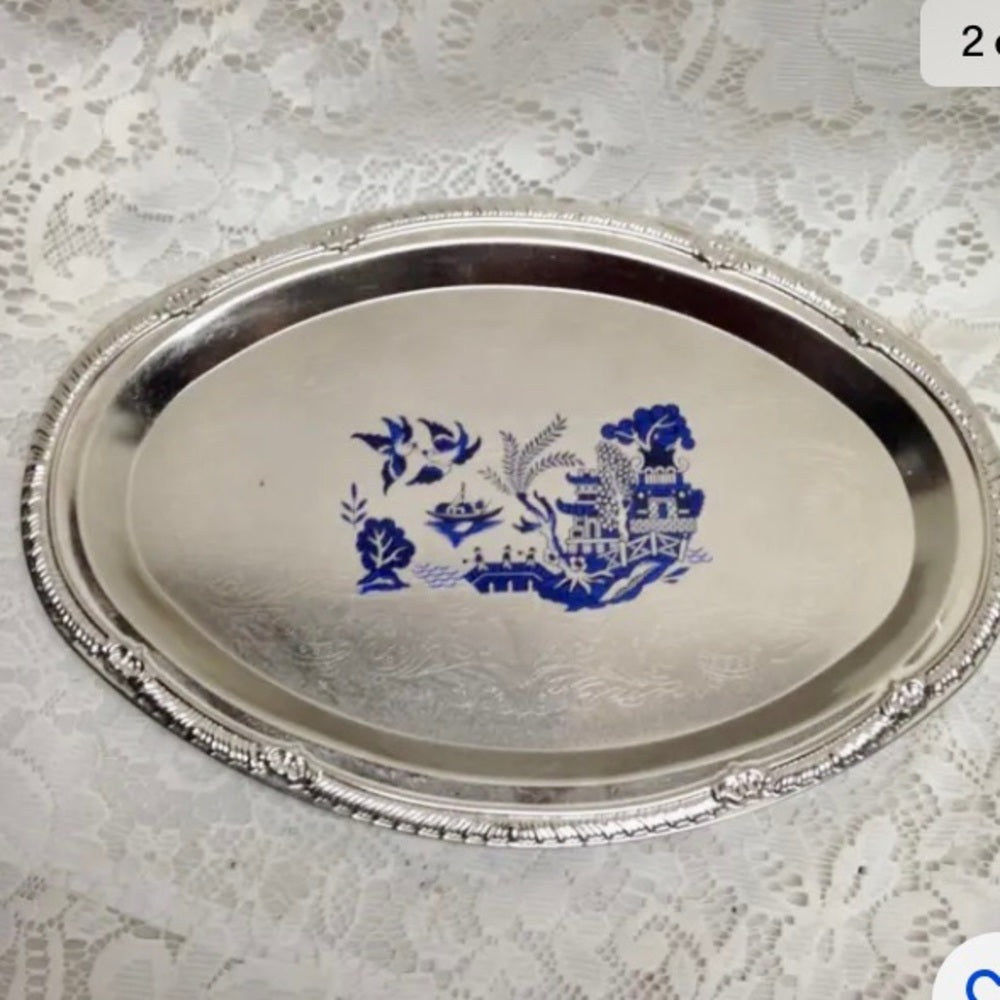 Vintage Blue Willow Silver Plated Serving Tray- 12in x 8.5in