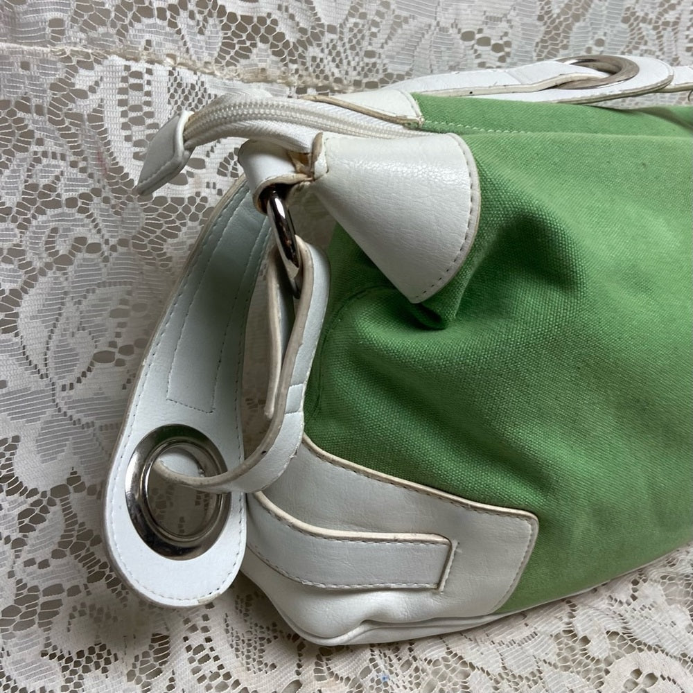 Madison & Max Green Canvas with White Leather Trim Shoulder Bag