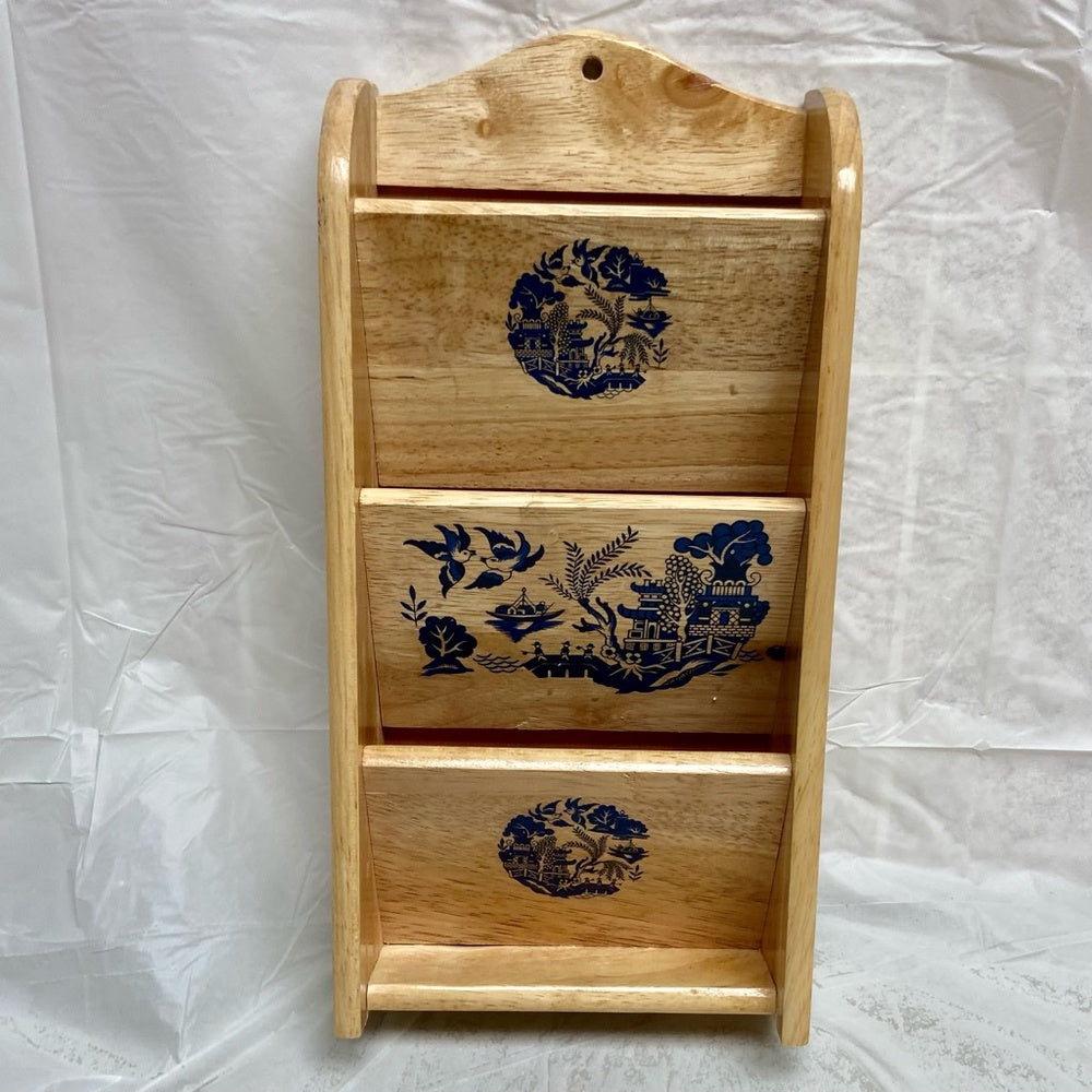 Vintage, Blue Willow Wooden Bills or Mail Rack 12inH x 6.5nW x2.5in