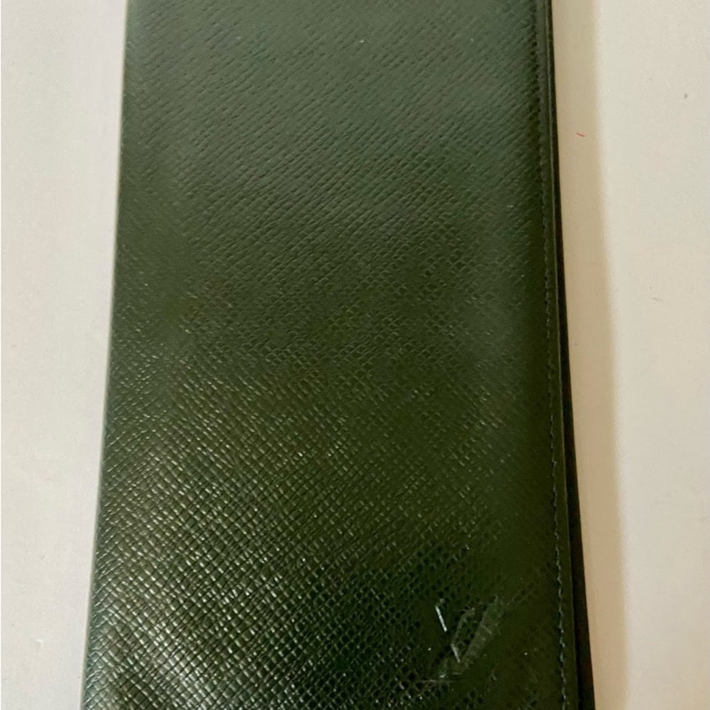 Louis Vuitton, Green Taiga Leather Long Wallet 7.5 x 4in